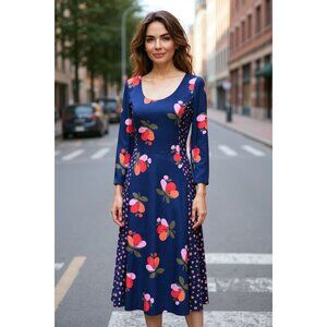 Boden Womens Size 4 Floral Fit & Flare Dress Blue Pink Red Long Sleeve